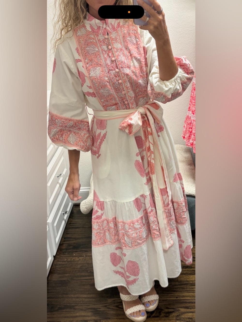 Sue Sartor Boho Maxi Dress with Pink Block Print size small